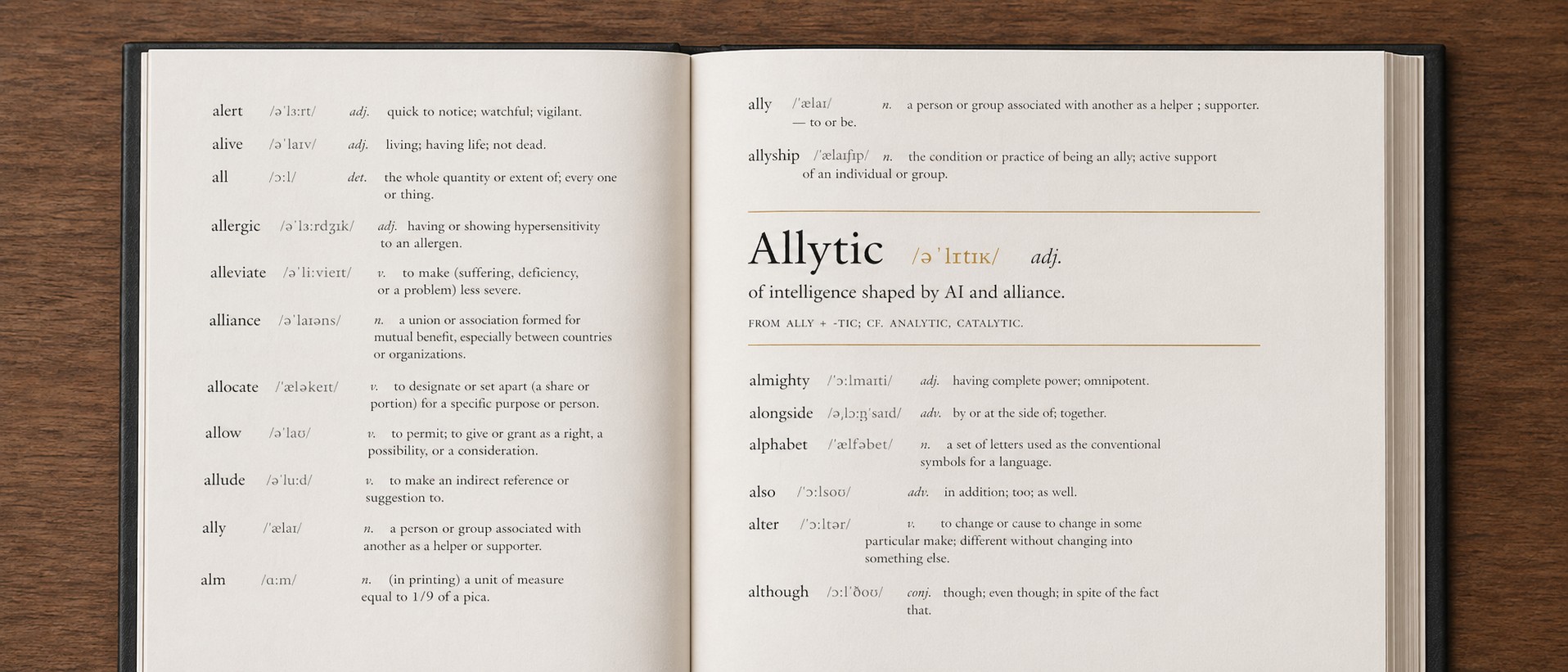 Open reference dictionary opened to the entry "Allytic, /əˈlɪtɪk/, adj., of intelligence shaped by AI and alliance," with surrounding entries from alert through although.